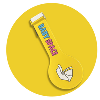 Bright yellow Baby Space sign attaches to your car door to protect space for baby loading