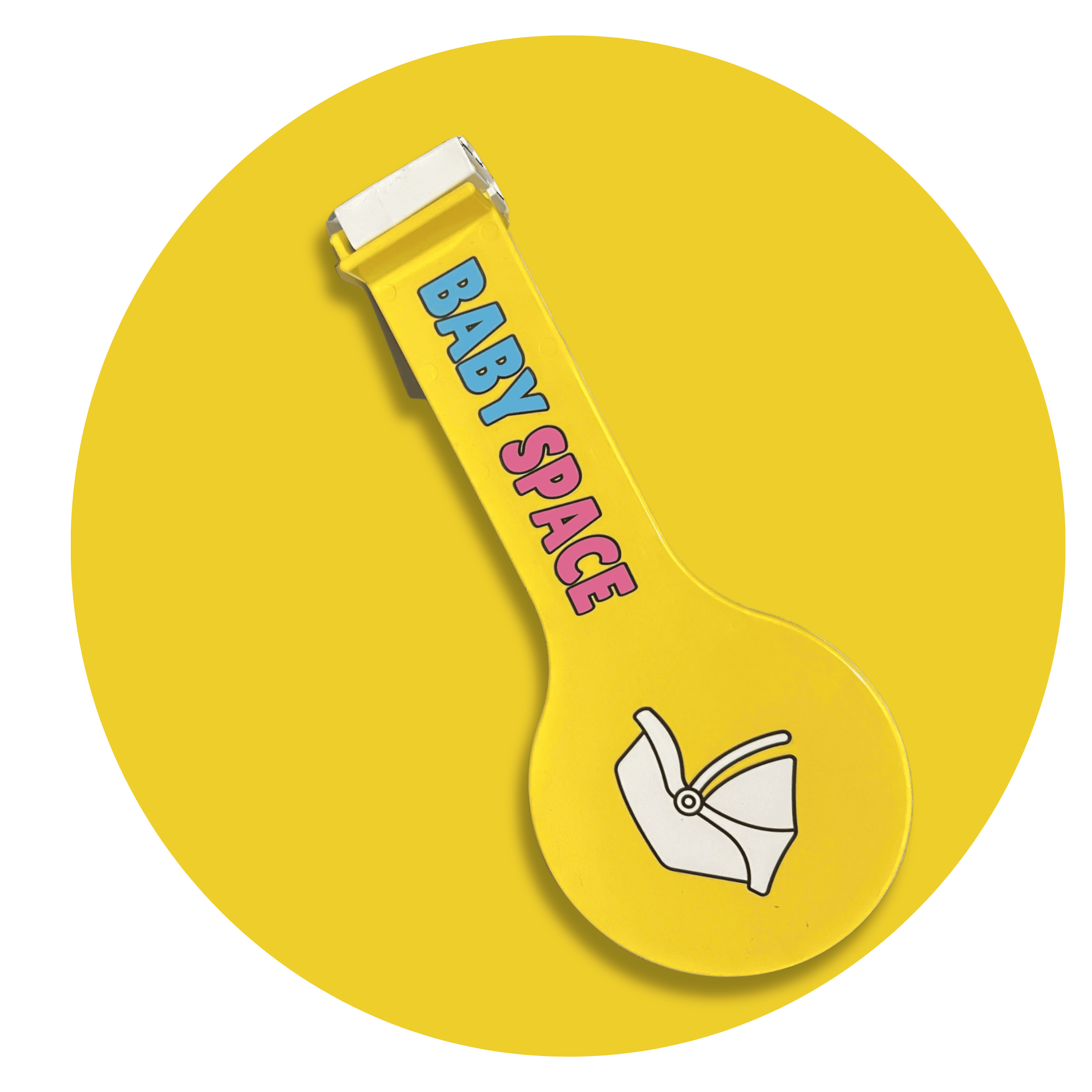 Bright yellow Baby Space sign attaches to your car door to protect space for baby loading